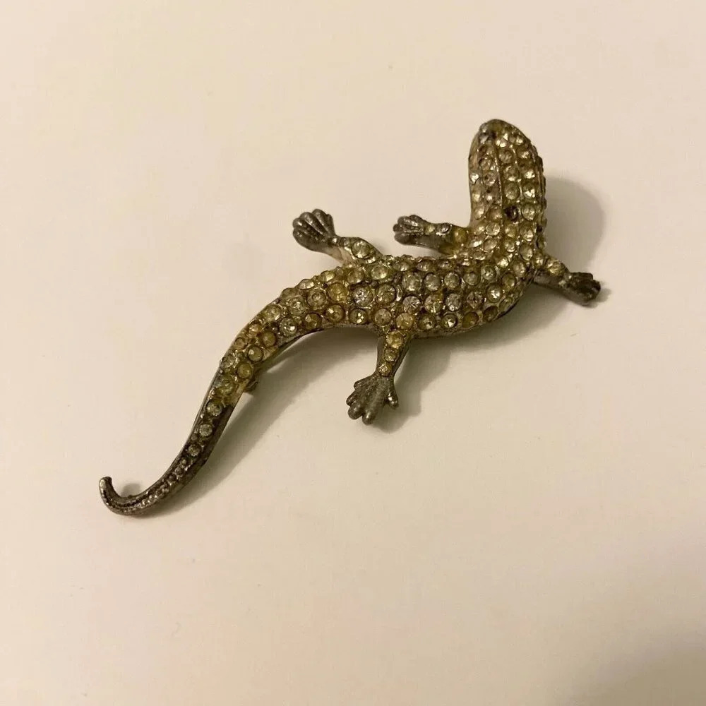 Vintage Gecko Lizard Brooch Rhinestones 3 Inch Long Fashion Jewelry Pin